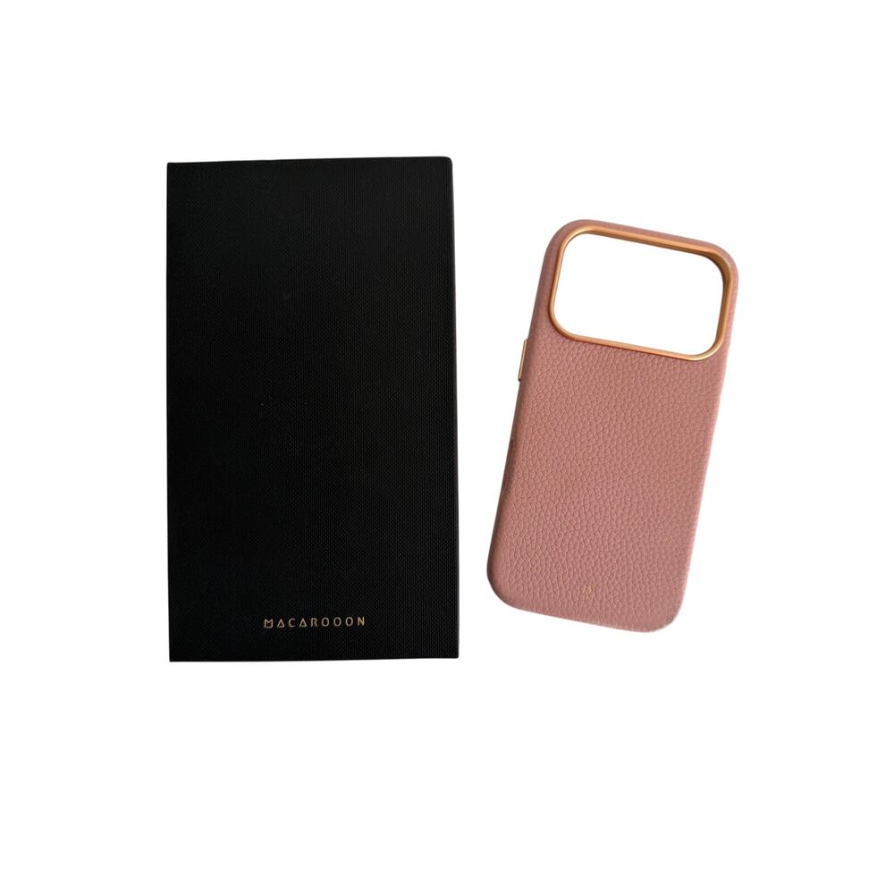 Macarooon iPhone 17 Pro MagSafe Leather Case Sakura Pink Gold Trim